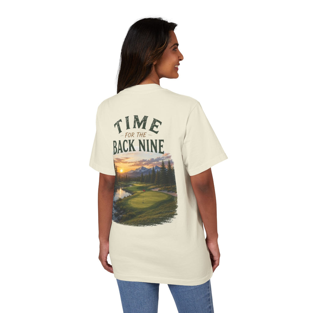 Golf T-Shirt — "I Just Broke 100" Front Pocket & "Time for the Back Nine" Scenic Back