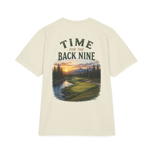 Golf T-Shirt — "I Just Broke 100" Front Pocket & "Time for the Back Nine" Scenic Back