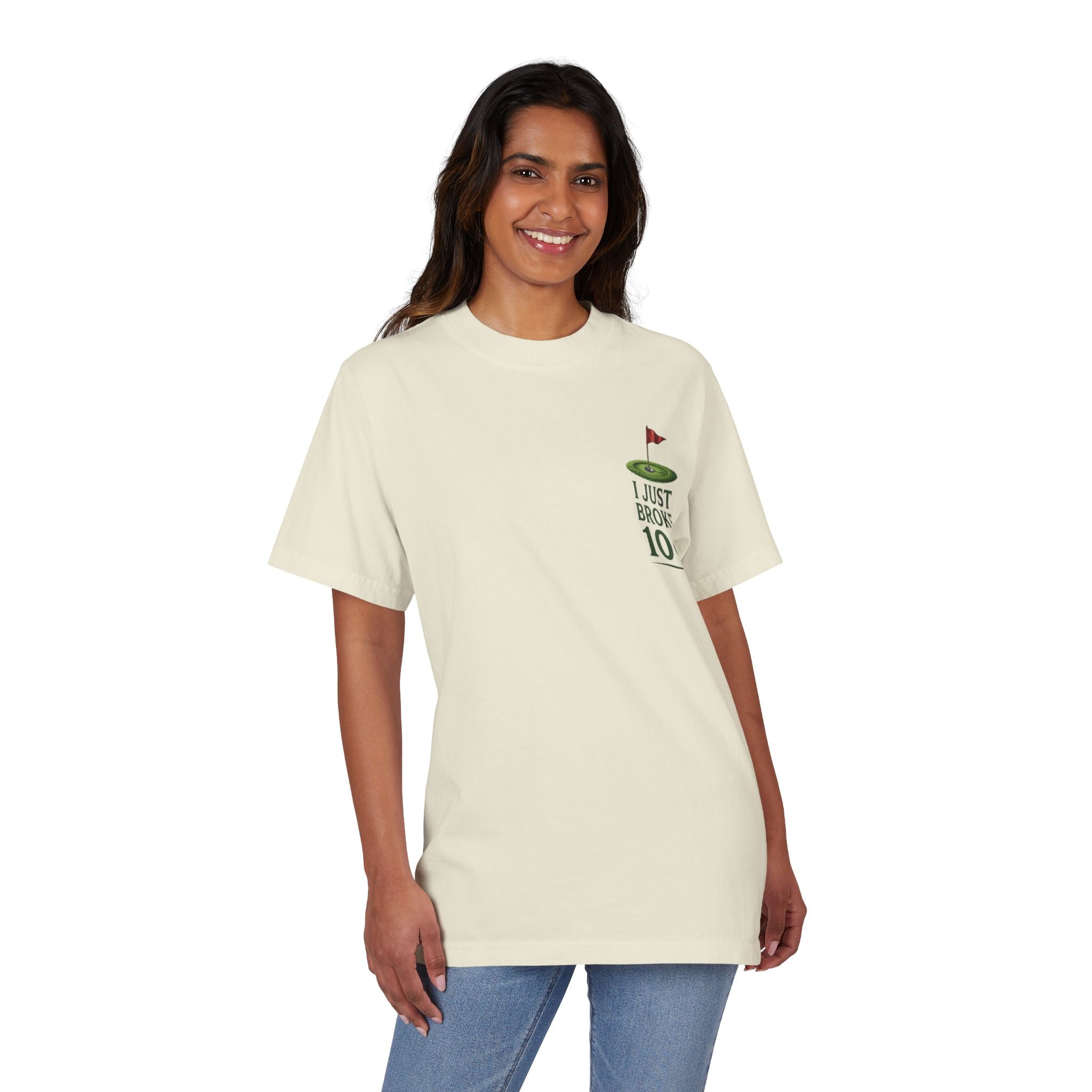 Golf T-Shirt — "I Just Broke 100" Front Pocket & "Time for the Back Nine" Scenic Back